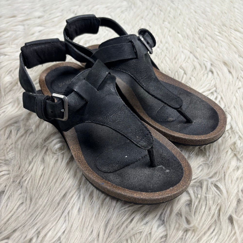 Teva Women's 6 Black Leather Mahonia 3-Point Sandals T-Strap Wedge Sporty
